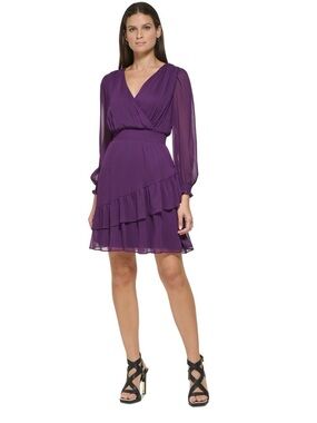 DKNY Purple V-Neck Long Sleeve Ruffled Dress, size 6
